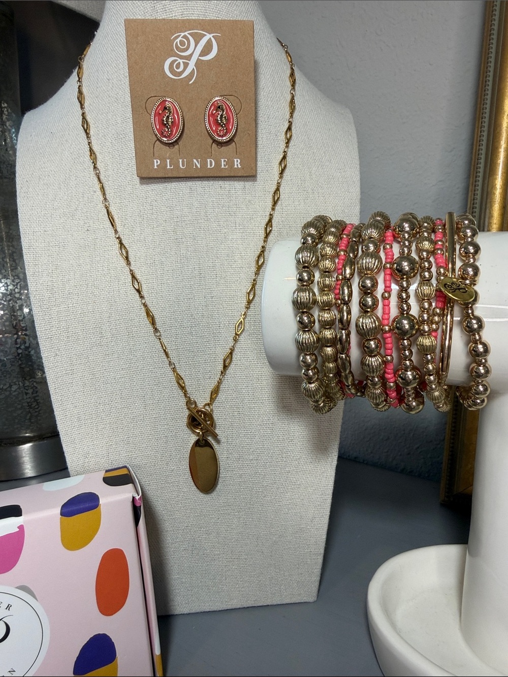 Plunder Nori Seahorse Earrings and Bracelet Stack w/Gold-tone Toggle Necklace